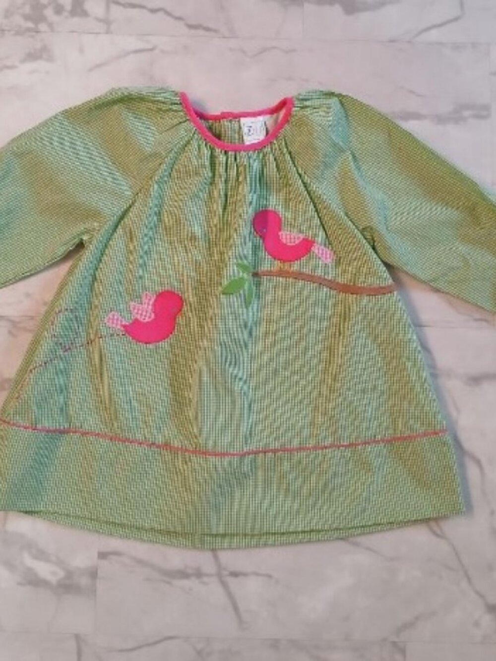 ZU Green Gingham Dress with Pink Birds and Trim 2T